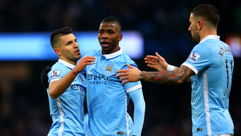 Sergio Aguero of Manchester City celebrates with team-mates 