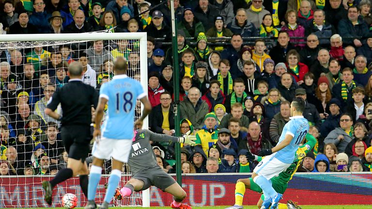 Manchester City's Sergio Aguero scores his sides first goal of the match during the Emirates FA Cup, third round game at Carrow Road, Norwich.