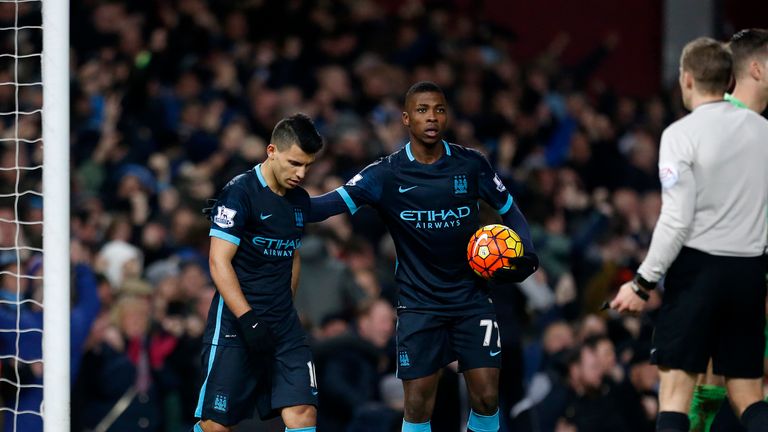 Manchester City's Sergio Aguero (left) reacts after scoring his team's second goal at Upton Park