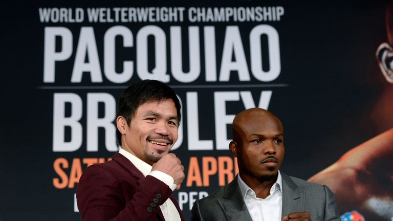 BEVERLY HILLS, CA - JANUARY 19: Manny Pacquiao (L) and Timothy Bradley pose after a news conference where they announced their upcoming world welterweight 