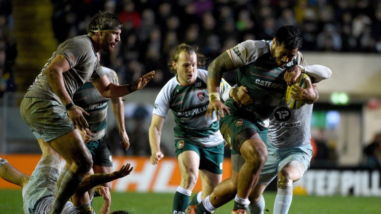 LEICESTER, ENGLAND - JANUARY 09:  Manu Tuilagi of Leicester Tigers bursts through the Northampton defence during the Aviva Premiership match between Leices