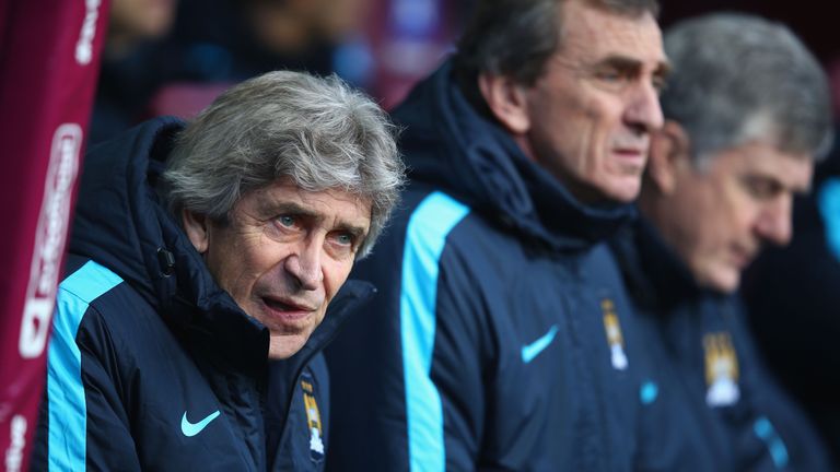 Manuel Pellegrini manager watches from the bench as Manchester City win at Aston Villa in the FA Cup