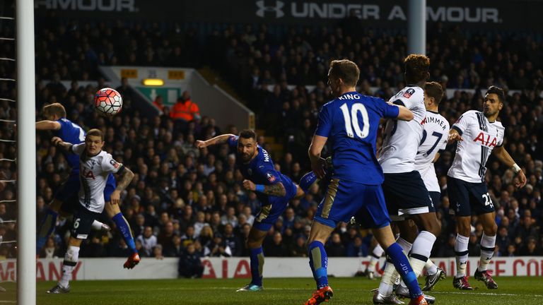 LONDON, ENGLAND - JANUARY 10:  Marcin Wasilewski of Leicester City scores with a header