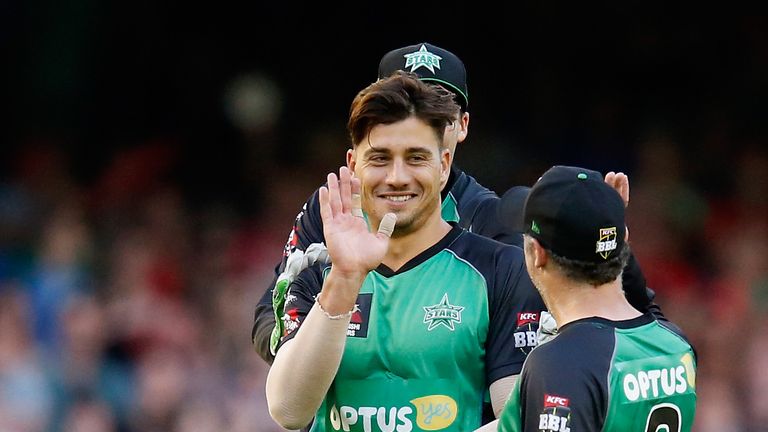 MELBOURNE, AUSTRALIA - JANUARY 09:  Marcus Stoinis of the Melbourne Stars is congratulated by team mates after taking the wicket of Chris Gayle of the Melb