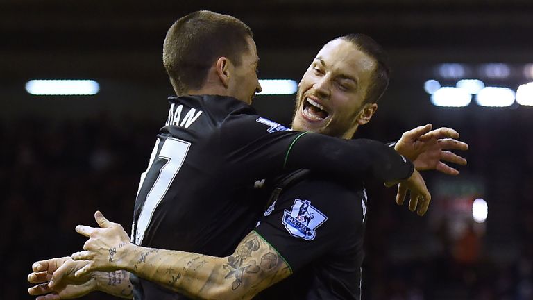 Stoke City's Marko Arnautovic (right) celebrates after scoring against Liverpool