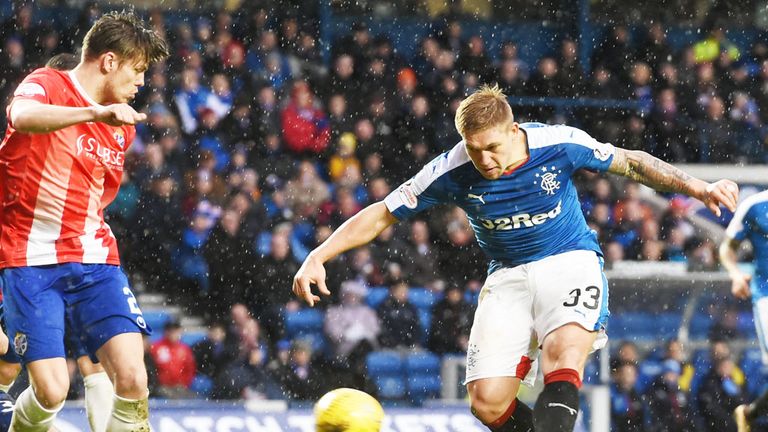 Martyn Waghorn scores the first of his goals for Rangers against Cowdenbeath