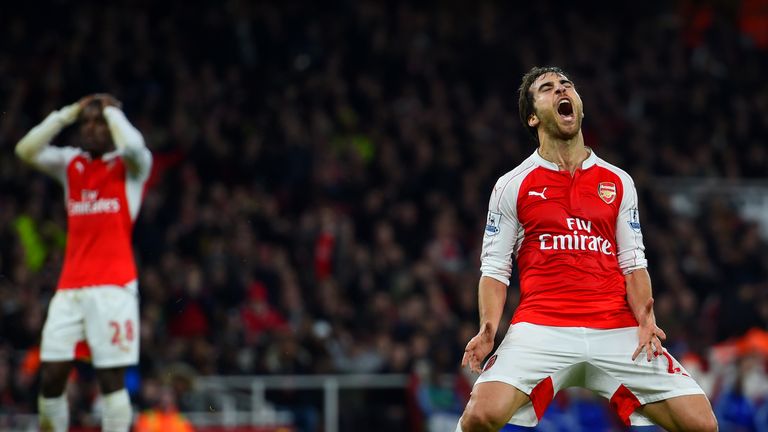 Mathieu Flamini reacts after missing a chance for Arsenal against Chelsea