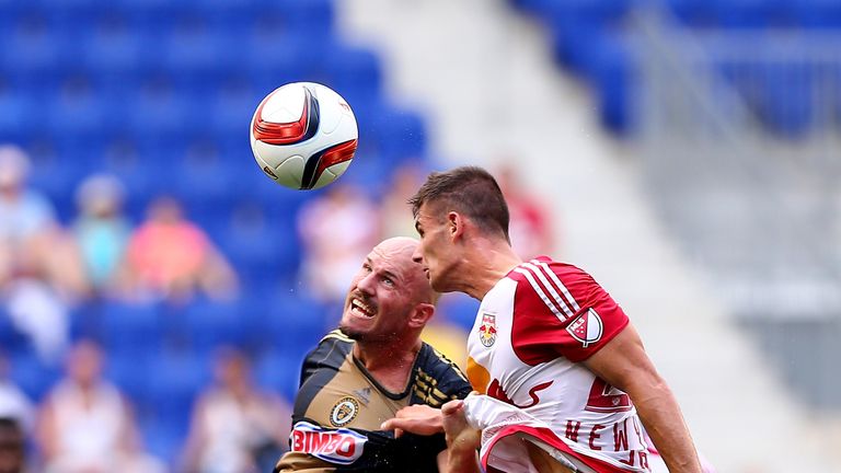 Conor Casey #6 of Philadelphia Union and Matt Miazga #20 of New York Red Bulls fight for the ball