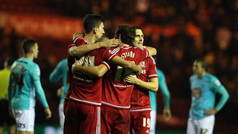 Middlesbrough players celebrate their 2-0 win over Derby County