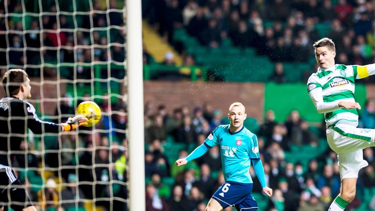 Mikael Lustig scores Celtic's opening goal against Hamilton