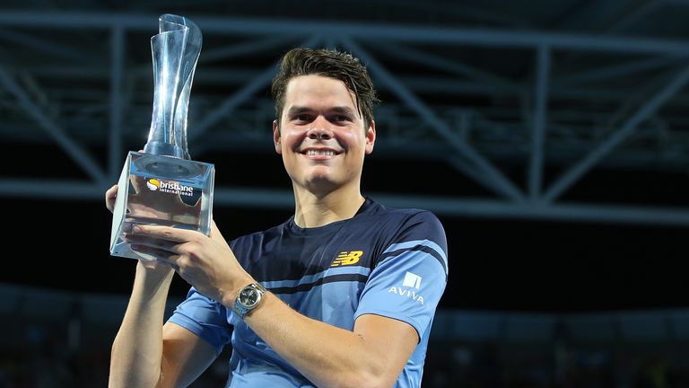 Raonic celebrates after winning the Brisbane final