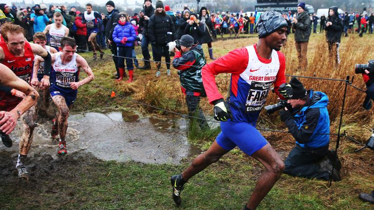 Mo Farah competes in the Senior men's 8Km during the Great Edinburgh X Country  in Holyrood Park on January 09, 2016