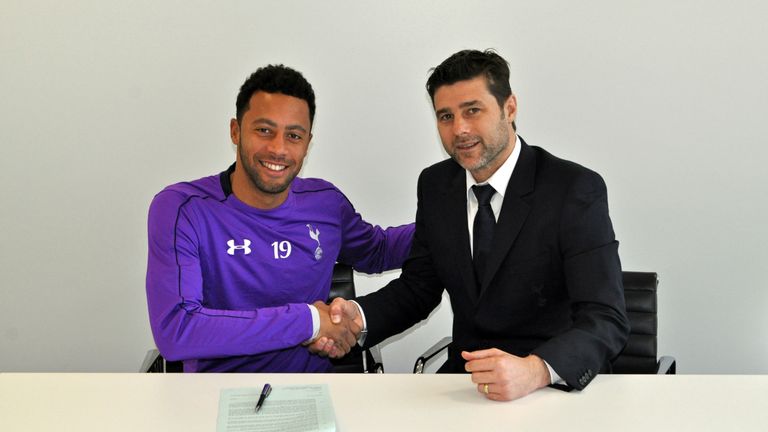 Mousa Dembele of Tottenham Hotspur poses with Head Coach Mauricio Pochettino after signing a new contract which will run until 2019