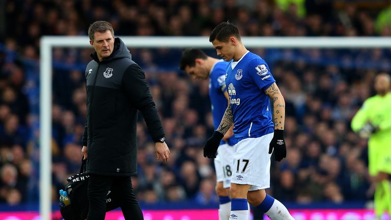 Muhamed Besic of Everton leaves the pitch after picking another injury