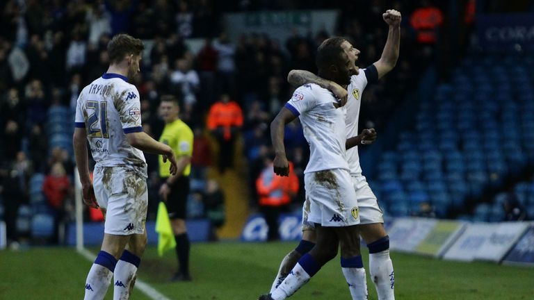 Leeds United celebrate Mustafa Carayol's goal