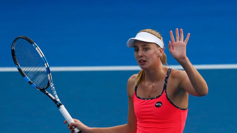 Naomi Broady of Great Britain reacts in her singles match against Sloane Stephens of the USA during day four of the 2016 ASB Classic in Auckland.