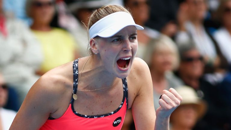 Naomi Broady of Great Britain celebrates a point against Jelena Ostapenko at the ASB Classic in Auckland