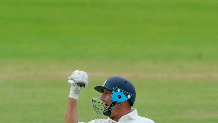 LONDON - MAY 24:  Nasser Hussain of England celebrates  after making a century with a boundry that won England the match, during the fifth day of the first