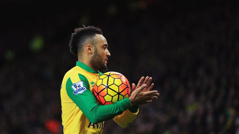 Nathan Redmond holds the ball during the Barclays Premier League match between Norwich City and Southampton