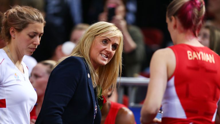 England coach Tracey Neville speaks to players during the 2015 Netball World Cup Semi-Final