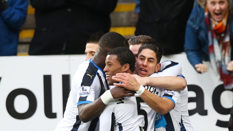 Ayoze Perez of Newcastle United celebrates scoring his team's first goal 