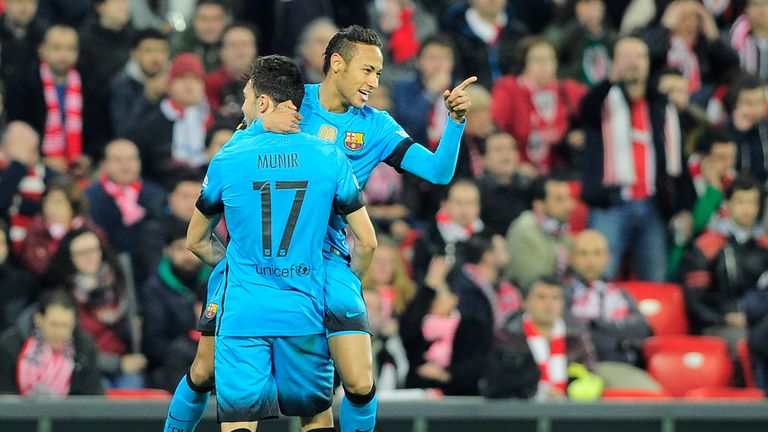 Neymar and Munir celebrate Barcelona's opening goal against Athletic Bilbao in the Copa del Rey