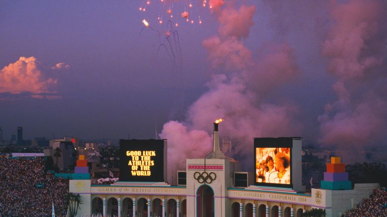 A view of the Los Angeles Memorial Coliseum during the closing ceremony of the 1984 Summer Olympics, Los Angeles, 12th August 1984. The scoreboard has a me