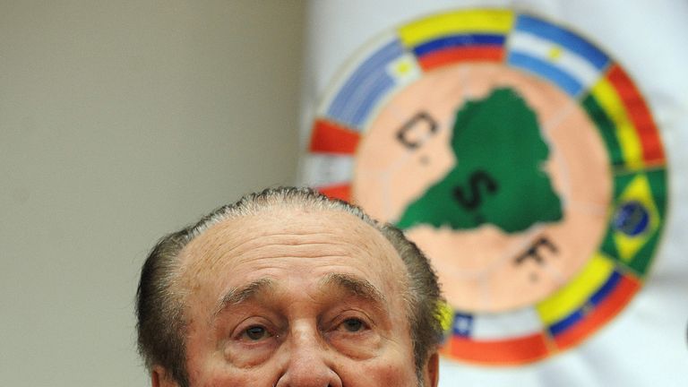 CONMEBOL president Nicolas Leoz speaks during a press conference in Luque, Paraguay