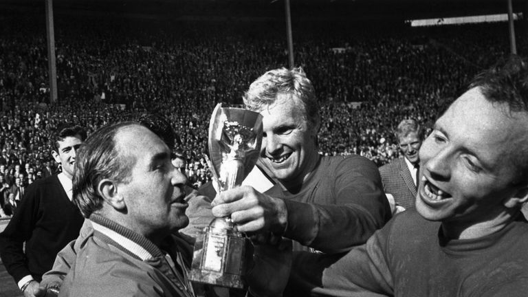 Nobby Stiles with England manager Sir Alf Ramsey and captain Bobby Moore after 1966 World Cup final