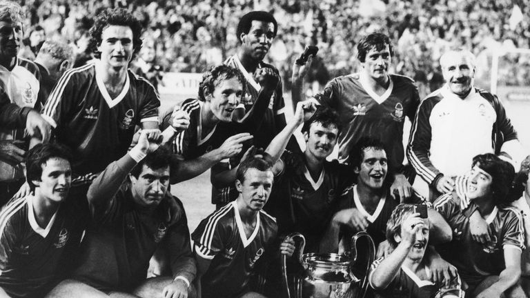 Nottingham Forest with European Cup after 1-0 win over Hamburg in Madrid in May 1980