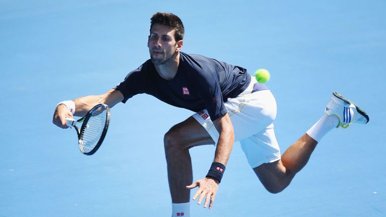 Novak Djokovic of Serbia hits a forehand during a practice session ahead of the 2016 Australian Open at Melbourne Park 