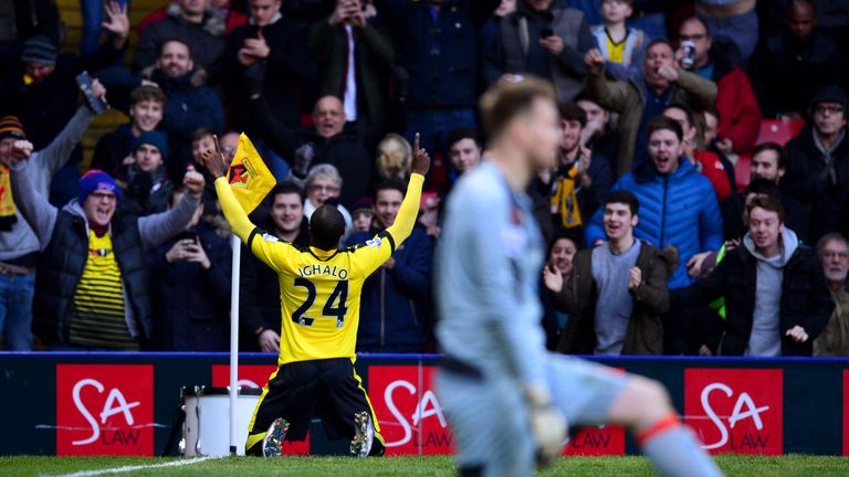 Odion Ighalo celebrates scoring Watford's first goal against Newcastle