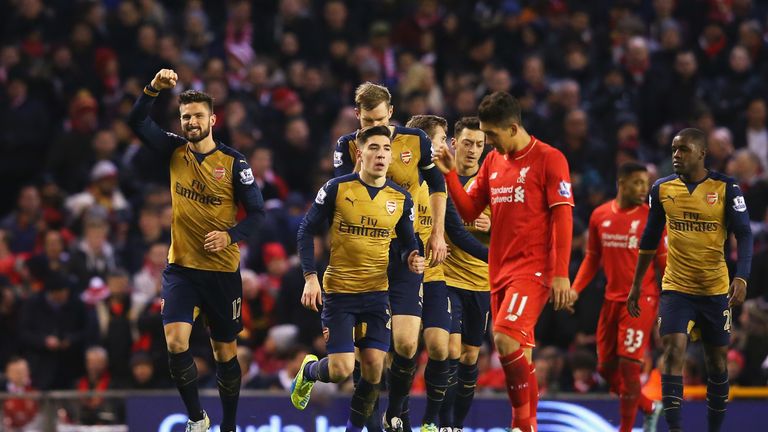 Olivier Giroud celebrates scoring Arsenal's second goal 