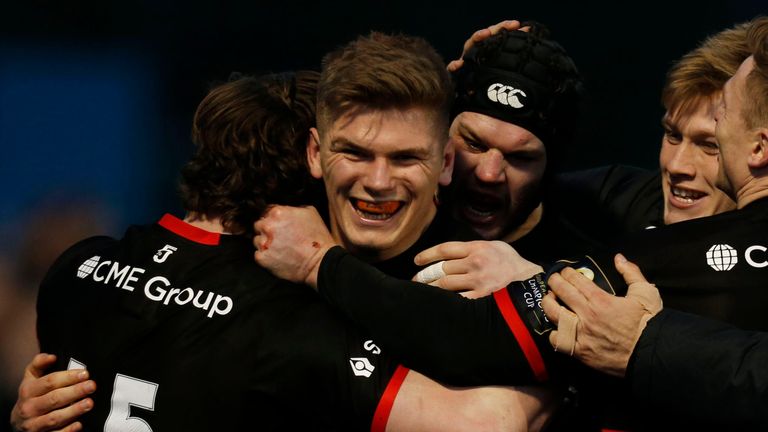 Owen Farrell (c) and his Saracens team-mates celebrate a try v Ulster in their European Champions Cup clash