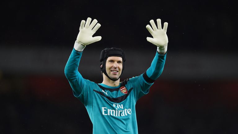 Petr Cech of Arsenal applauds the supporters after the Barclays Premier League match between Arsenal and Newcastle United