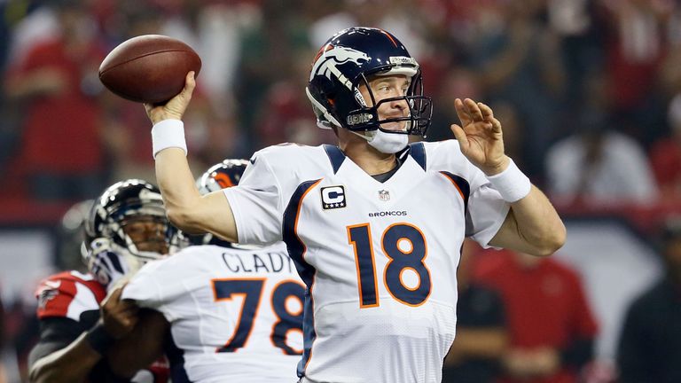 Peyton Manning #18 of the Denver Broncos throws the ball against the Atlanta Falcons during their game at the Geor