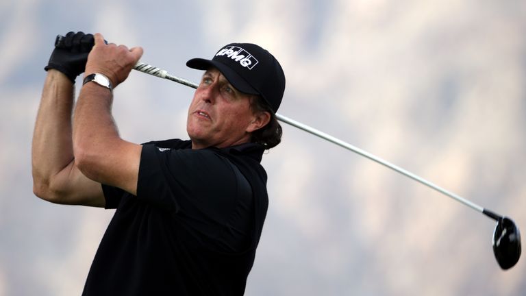 Phil Mickelson plays his tee shot on the 12th hole during the first round of the CareerBuilder Challenge