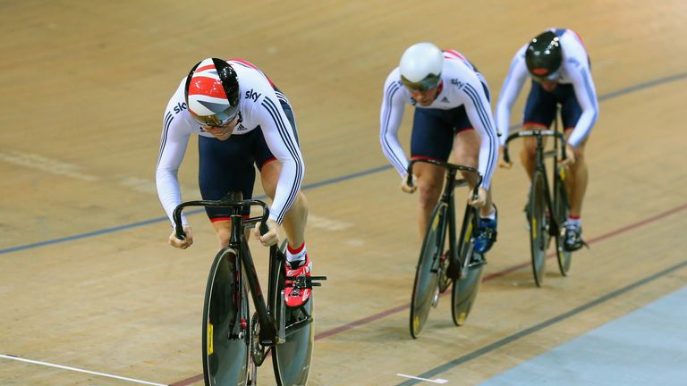 PARIS, FRANCE - FEBRUARY 18: Philip Hindes, Jason Kenny and Callum Critchon Skinner of Great Britain Cycling Team compete in the Men's Team Sprint qualifyi