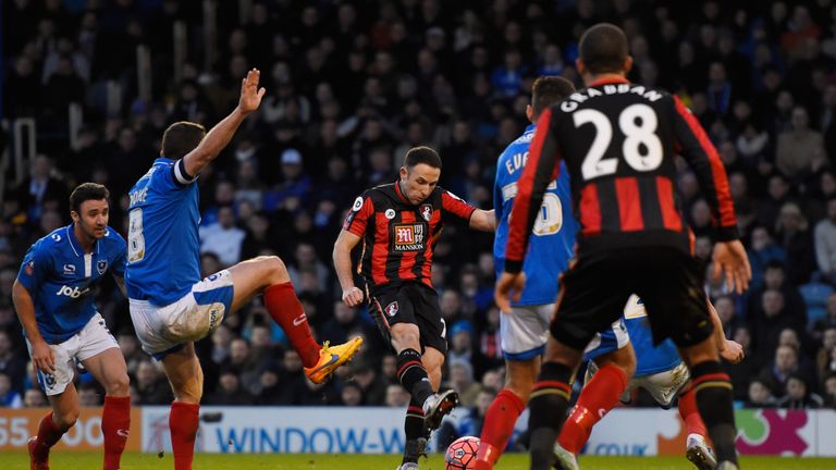 Marc Pugh scores for Bournemouth against Portsmouth 