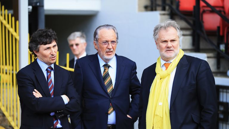 Gino  Pozzo (left) owns Watford while father Giampaolo Pozzo (centre) owns Udinese and Granada