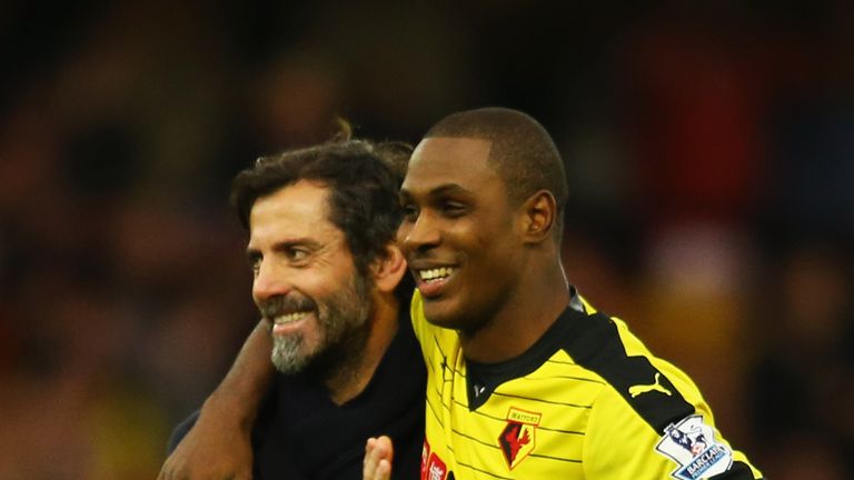 WATFORD, ENGLAND - DECEMBER 20:  Quique Flores manager of Watford and Odion Ighalo of Watford celebrate victory after the Barclays Premier League match bet