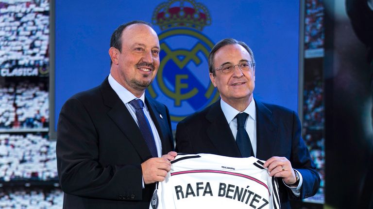 MADRID, SPAIN - JUNE 03:  New Real Madrid head coach Rafael Benitez (L) poses for a picture with president Florentino Perez  (R) during his presentation at