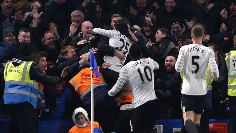Ramiro Funes Mori celebrates with the Everton fans after putting his side 3-2 ahead at Chelsea