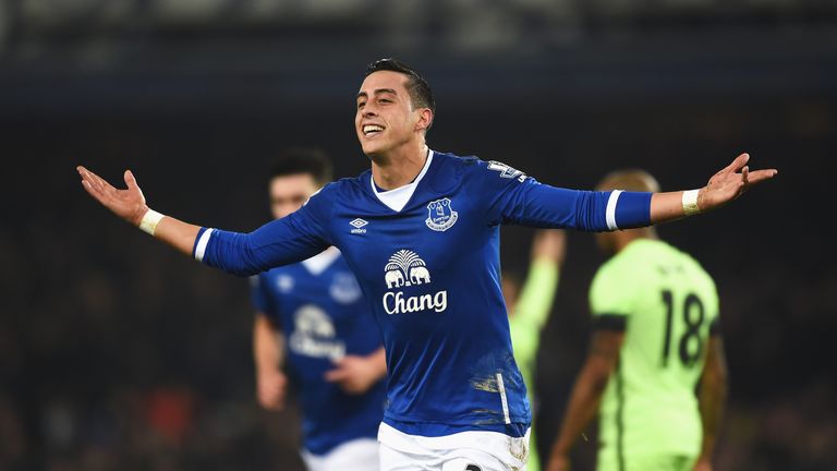 Ramiro Funes Mori of Everton celebrates scoring the opening goal during the Capital One Cup Semi Final First Leg match v Manchester City