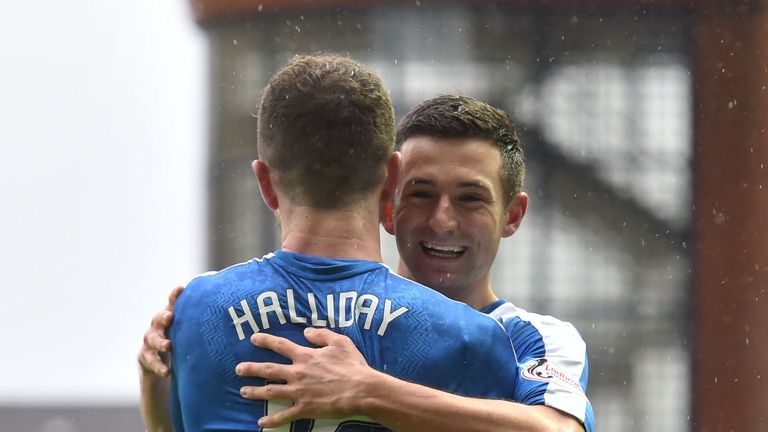 Jason Holt (right) is congratulated by team-mate Andrew Halliday after opening the scoring for Rangers