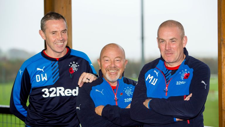 Rangers assistant Davie Weir, head of recruitment Frank McParland and manager Mark Warburton 
