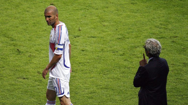 Raymond Domenech watches on as Zidane leaves the pitch in the 2006 final