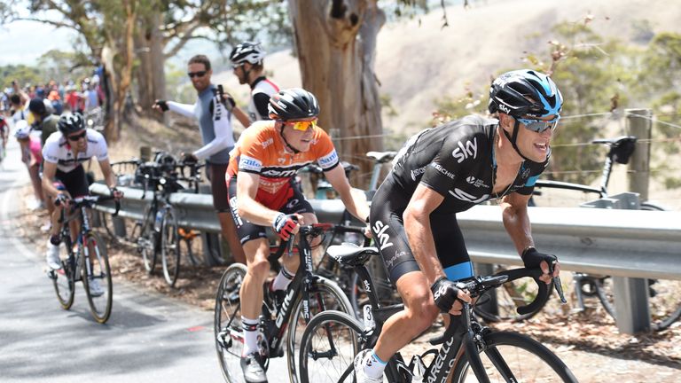 Richie Porte (R) of Australia attacks Rohan Dennis (C) during stage five of the 2015 Tour Down Under 