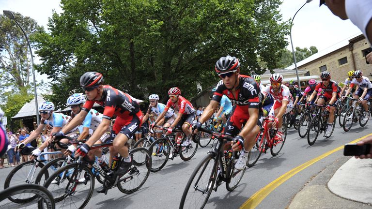 BMC rider Richi Porte (R) takes a corner during stage 3 of the Santos Tour Down Under