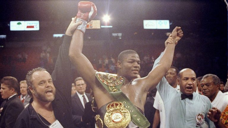13 Nov 1992: Riddick Bowe raises his arms in victory after a fight against Evander Holyfield in Las Vegas, Nevada.